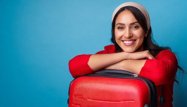 Smiling modern woman with red suitcase on blue background. Travel concept 