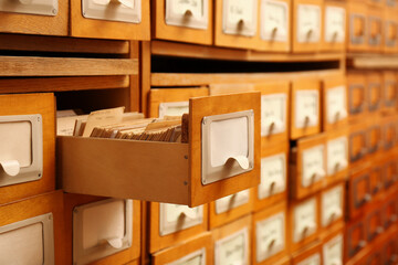 Closeup view of library card catalog drawers