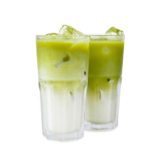 Glasses of tasty iced matcha latte isolated on white