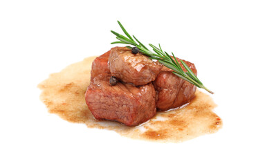 Pieces of delicious cooked beef, rosemary and peppercorns isolated on white. Tasty goulash