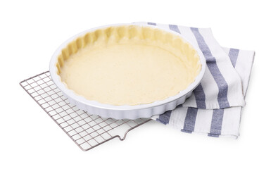 Making quiche. Tart pan with fresh dough isolated on white