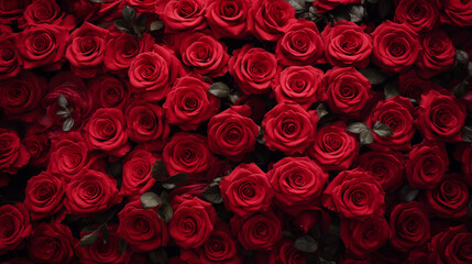 Natural flowers wall background with amazing red roses for valentine's day, women's day, mother's day celebration - obrazy, fototapety, plakaty