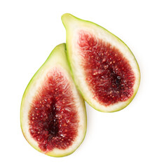 Halves of fresh green fig isolated on white, top view