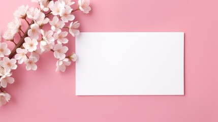 Blank invitation card with cherry blossoms on pink background. Springtime celebration.