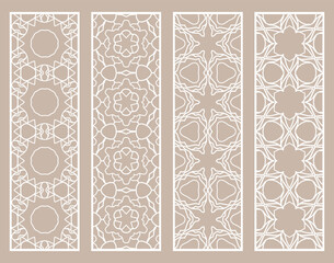 Decorative geometric line borders with repeating texture. Tribal ethnic arabic, indian, turkish ornament, bookmarks templates set. Isolated design elements. Stylized lace patterns collection