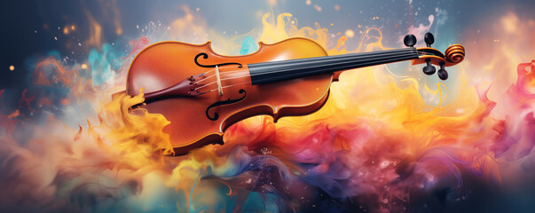 Abstract panoramic close up view of the violin. Concept of classical music. - obrazy, fototapety, plakaty