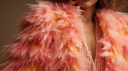 Closeup of a Peach Fuzz fringe jacket with a mix of soft and bold hues, giving off a whimsical and carefree vibe.