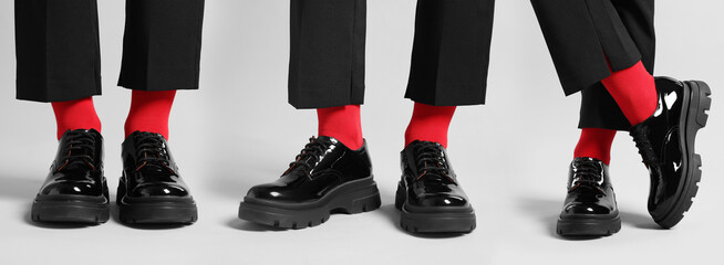 Woman in red socks, black shoes and pants on light grey background, closeup. Collection of photos