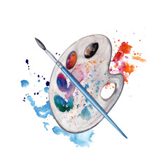 Artistic palette, brush with colorful paint splatter background. Watercolor illustration isolated on transparent background. Art World Day collection for art classes, stores, flyers, ads, web designs