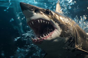 Tubarão feroz no meio do oceano escuro - Papel de parede - obrazy, fototapety, plakaty