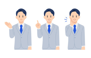 案内･指差し･呼びかけのポーズをするビジネスパーソン男性のセット【人物ベクターイラスト素材】