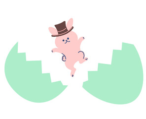 緑のイースターエッグと飛び出すウサギのイラスト
