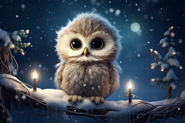 Very cute little owlet close up, christmas, snow, moon stars, garland, tree with generative ai