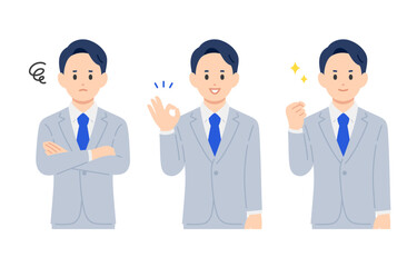 悩み･解決･ガッツポーズをするビジネスパーソン男性のセット【人物ベクターイラスト素材】
