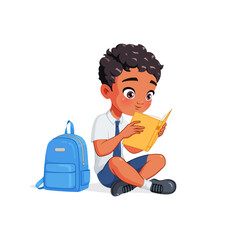Cute Indian school boy in reading book sitting on the floor. Cartoon vector illustration.