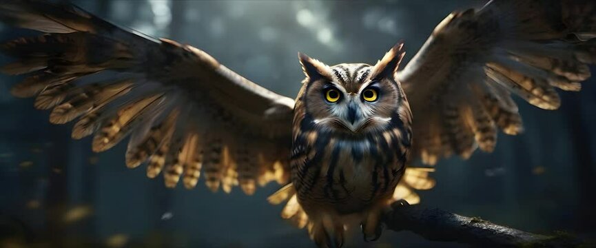 Portrait of Close Up Brown Owl, Spread wings, perched on tree it is dark outside, wisdom bird symbol watching to hunting