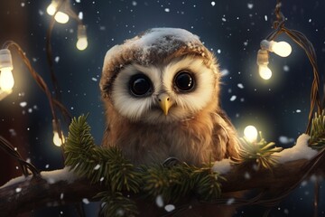 Very cute little owlet close up, christmas, snow, moon stars, garland, tree with generative ai