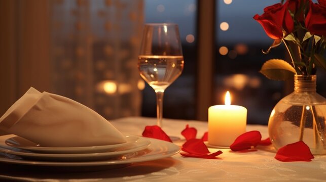 The room is aglow with the soft light of candles, setting the perfect mood for a romantic dinner. The table for two is adorned with elegant place settings and a single rose, adding a touch