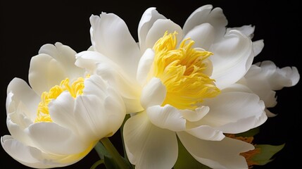 A single white tulip with smooth petals and a vibrant yellow center, standing out a the other flowers in the bouquet.
