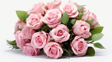 Bouquet of fresh pink roses on white background. Floral arrangement.