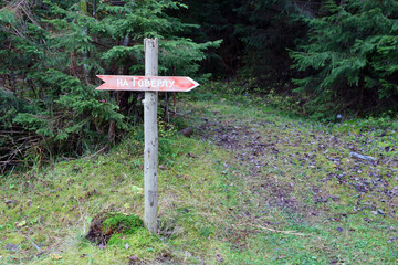 Arrow sign to Mount Hoverla direction hanging peak of the Ukrainian Carpathians