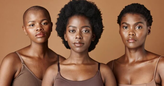 Wellness, face or African models with beauty, glowing skin or afro isolated on brown background. Facial dermatology, black women or natural cosmetics skincare in studio with girl friends or people