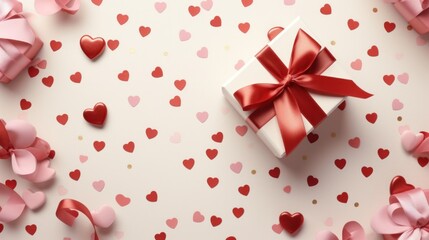 Elegant gift box surrounded by hearts on festive background. Valentine's Day celebration.
