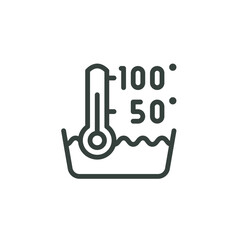 Outline Icon With Numbers, Bowl With Hot Water and Thermometer. Such Line sign as High Liquid Temperature From 50 to 100 Degrees, Machine Wash Temperature 50-100 C. Vector Isolated Pictogram Stroke.