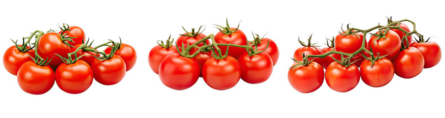 Collection of PNG. Bunch of ripe juicy red tomatoes on the vine isolated on a transparent background.