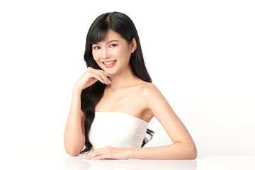 Beautiful young asian woman with clean fresh skin on white background, Face care, Facial treatment, Cosmetology, beauty and spa, Asian women portrait.