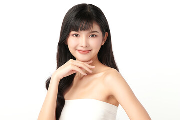 Fototapeta premium Beautiful young asian woman with clean fresh skin on white background, Face care, Facial treatment, Cosmetology, beauty and spa, Asian women portrait.