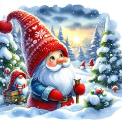 Santa Claus smiles with a snowman beside a Christmas tree in a snowy winter scene