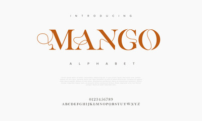 Mango premium luxury elegant alphabet letters and numbers. Elegant wedding typography classic serif font decorative vintage retro. Creative vector illustration