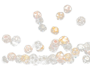 Fashion Silver gold bead ball with beautiful work detail is value. Luxury silver copper metal bead sequin ball is fashion trend and fly in air. Black background isolated selective focus blur