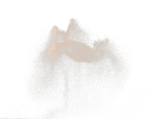 Natural Sand flying explosion, particle dot grain wave explode. Abstract cloud fly. Brown colored sand splash throwing in Air. Black background Isolated