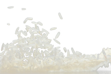 Japanese Rice flying explosion, white grain rices fall abstract fly. Beautiful complete seed jasmine rice splash in air, food object design. Black background isolated selective focus blur