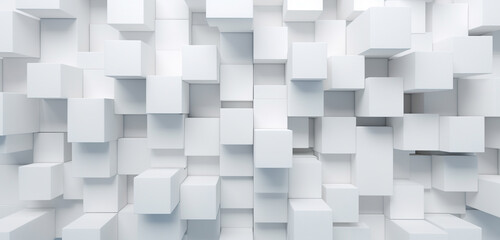 An engaging background wallpaper adorned with randomly shifted white cube boxes, forming an intriguing pattern and providing a sizable area for copy placement. - obrazy, fototapety, plakaty