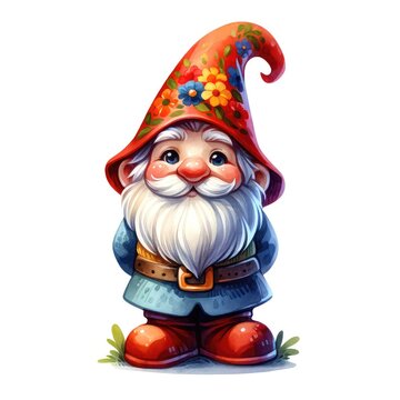 A garden gnome depicted in a clipart style, featuring vivid, high-definition colors. The gnome is illustrated in a watercolor technique