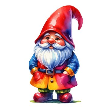 A gnome clipart depicted in a vivid, high-definition style, using a watercolor technique. The illustration showcases the gnome with bright and strikin