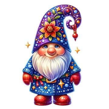  A gnome decoration depicted in a clipart style, featuring vivid, high-definition colors. This decoration is illustrated in a watercolor technique