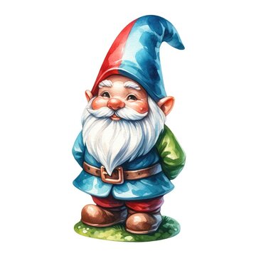 A gnome figurine depicted in a clipart style, featuring vivid, high-definition colors. The figurine is illustrated using a watercolor technique