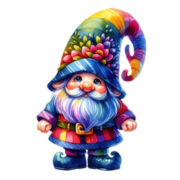 A gnome illustration depicted in a clipart style, featuring vivid, high-definition colors. The illustration is created using a watercolor technique,