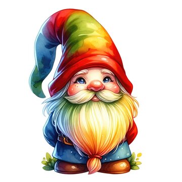 A gnome drawing depicted in a clipart style, featuring vivid, high-definition colors. The drawing is created using a watercolor technique