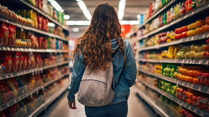 a young girl with a backpack in a supermarket, chooses an assortment of food in the store.