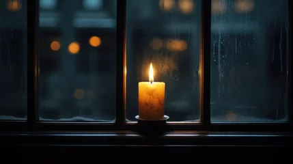 Fotobehang A single candle flickers in the darkness of the window, a symbol of unwavering love and devotion. © Justlight