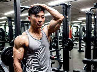 Hot Muscular Asian Bodybuilder with Grey Tank Top in The Gym Posing