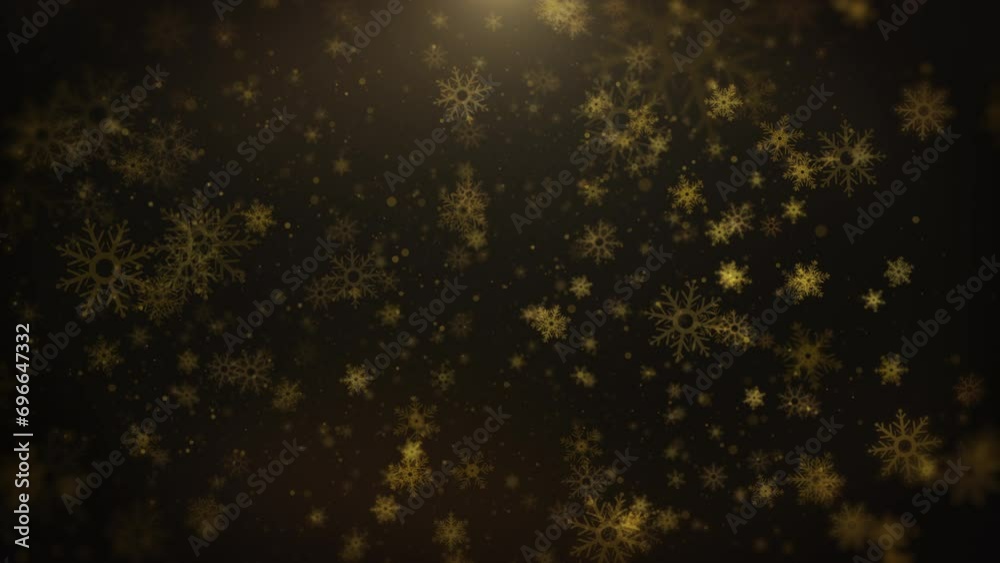 Poster snowflakes particle fly through on yellow background with lens flares. abstract gold blurred bokeh, 