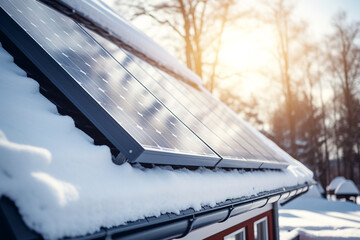 Close up shot of solar panels during winter season in mountaineering landscape