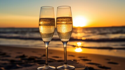 As the sun dips behind the horizon, the champagne glasses sit elegantly on the beach, a symbol of romance and relaxation.