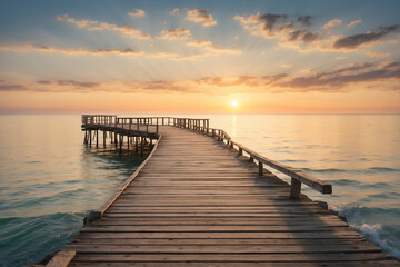 A quiet pier without people overlooking the open sea at sunset
